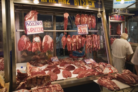 Athens, Attica, Greece. Central Market Display of meat on butchers stall in covered market. Greece