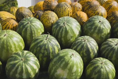 Kusadasi, Aydin Province, Turkey. Fresh green and yellow striped melons delivered to the head chef