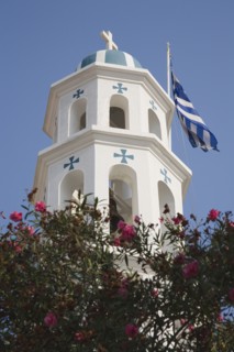 Samos Island, Northern Aegean, Greece. Vathy. White and turquoise Greek Orthodox Church bell tower