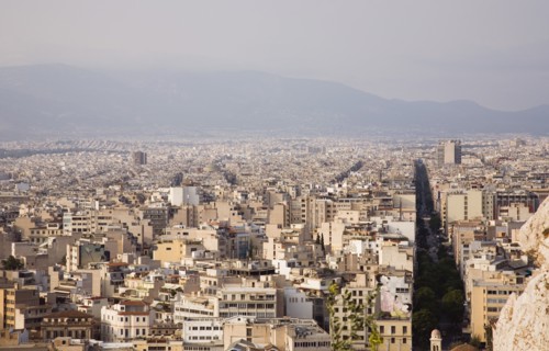 Athens, Attica, Greece. View across city from the Acropolis to Mount Parnitha to the north. Greece