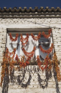 Kusadasi, Aydin Province, Turkey. Strings of red and orange chilies hung up to dry in late
