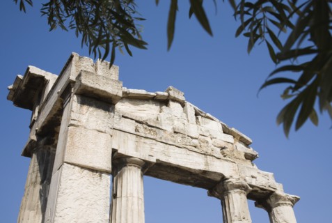 Athens, Attica, Greece. Part view of ruined colonnade in the Ancient Agora of Athens. Greece Greek