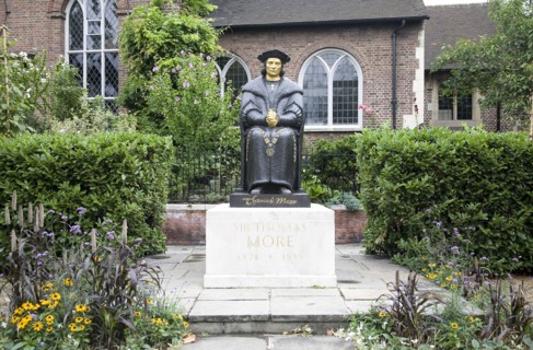 London, England. Cheyne Walk Statue of Thomas Moore by Leslie Cubitt Bevis in front of Chelsea Old