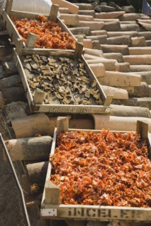 Sirince, Aydin Province, Turkey. Shallow wooden crates of chilies and mushrooms drying in late