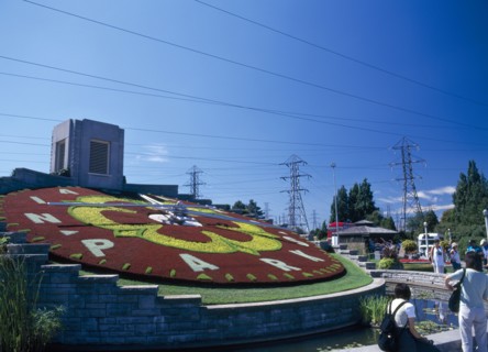 Niagara, Ontario, Canada. Floral Clock at Hydro Electric Power Station. HEP American Blue Canadian