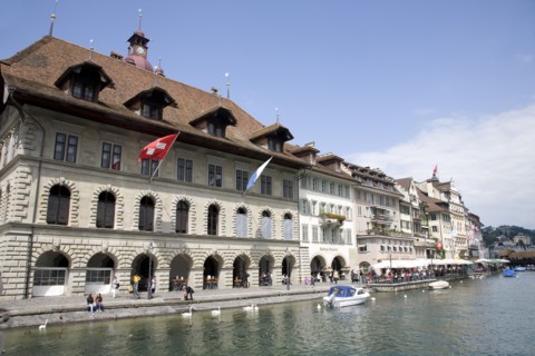 Lucerne, Switzerland. View along waterfront buildings toward thge Chapel Bridge. Switzerland Swiss