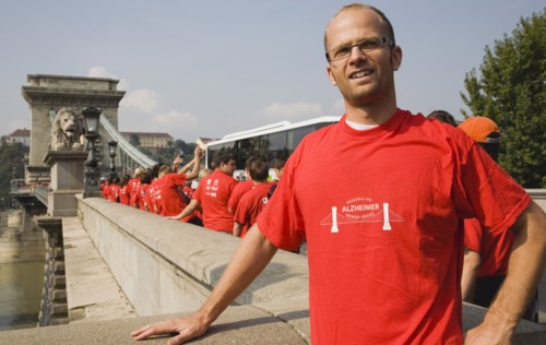 Budapest, Pest County, Hungary. Participant in charity walk in aid of Alzheimers disease sufferers