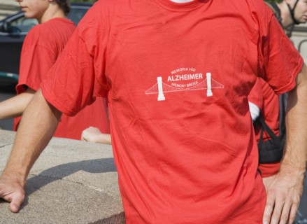 Budapest, Pest County, Hungary. Cropped view of participant in charity walk in aid of Alzheimers