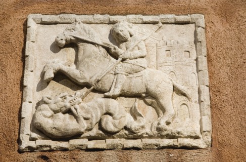 Venice, Veneto, Italy. Centro Storico Wall plaque on Venetian facade with relief carving depicting