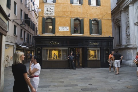 Venice, Veneto, Italy. Centro Storico Cartier jewellery store exterior with security guard and