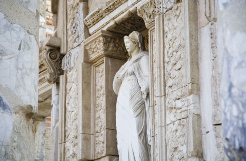 Selcuk, Izmir Province, Turkey. Ephesus. Damaged statue of female figure set in alcove of wall