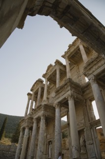 Selcuk, Izmir Province, Turkey. Ephesus. Part view of ornately carved marble facade and archway in
