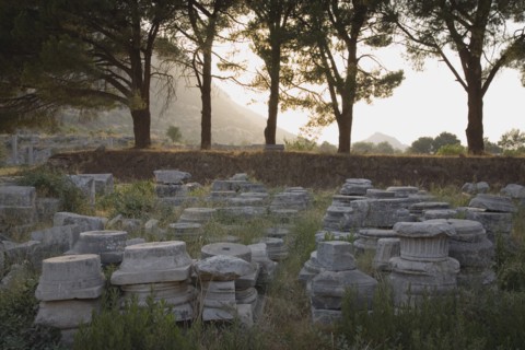 Selcuk, Izmir Province, Turkey. Ephesus. Masonry pieces scattered across ground in antique city of