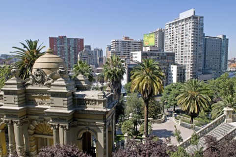 Santiago, Chile. The classical lines of the Neptune Terrace at the Cerro Santa Lucia with Chilean