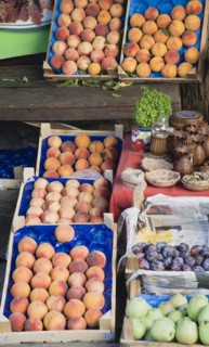 Sirince, Aydin Province, Turkey. Fruit stall selling fresh local peaches or Seftali in Turkish
