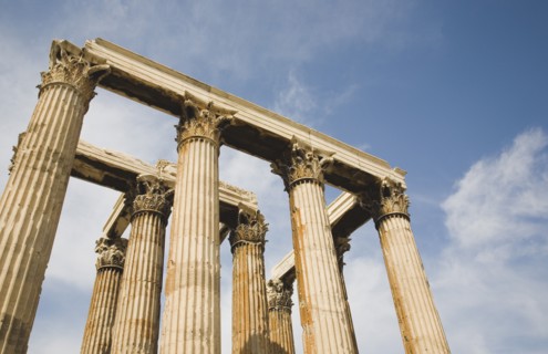 Athens, Attica, Greece. The Temple of Olympian Zeus corinthian capitals and architraves of ruined