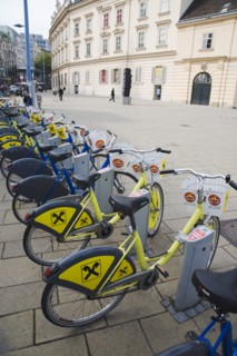 Vienna, Austria. Neubau District. Line of city bicycles for public use at the MuseumsQuartier or