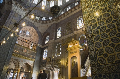Istanbul, Turkey. Sultanahmet. The New Mosque or Yeni Camii. Tiled and highly decorated interior.