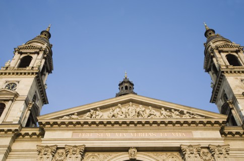 Budapest, Pest County, Hungary. Part view of Saint Stephens Basilica exterior facade. Hungary