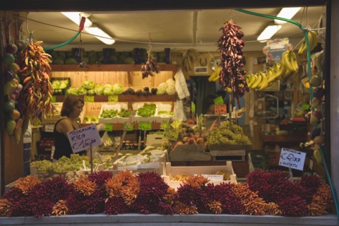 Venice, Veneto, Italy. Italy Veneto Venice Centro Storico Local grocer with display of fresh fruit