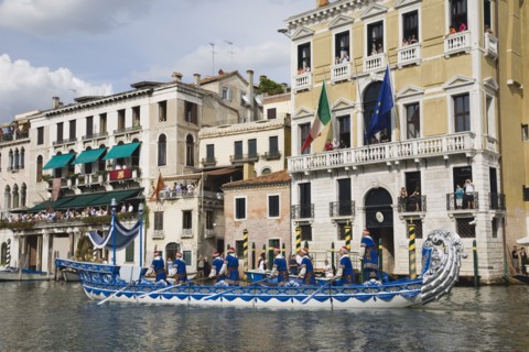 Venice, Veneto, Italy. Participants in the Regata Storico historical Regatta held each September