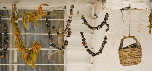 Kusadasi, Aydin Province, Turkey. Strings of chili peppers and mushrooms hanging in front of
