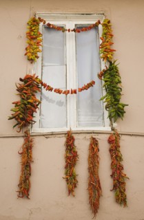 Kusadasi, Aydin Province, Turkey. Strings of red green and orange chili peppers strung up to dry in