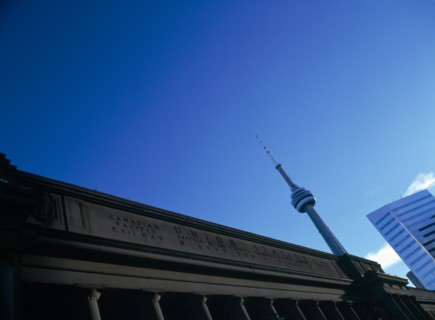 Toronto, Ontario, Canada. Union Station and the CN Tower. Canadian National American Blue