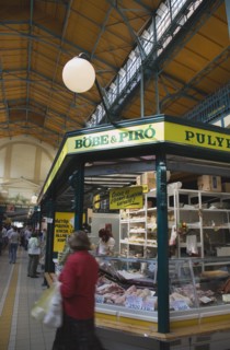 Budapest, Pest County, Hungary. Stall selling Hungarian sausages hams bacon and other meats at Nagy