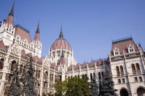 Budapest, Pest County, Hungary. Neo-Gothic exterior of the Parliament Building with central dome