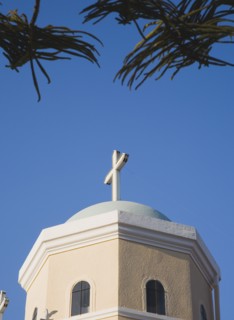 Kos, Dodecanese Islands, Greece. Detail of Greek Orthodox church hexagonal shape with roof dome and
