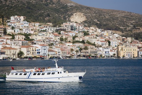 Samos, Northern Aegean, Greece. Vathy. Ferry between Samos and Kusadasi in Turkey as it leaves