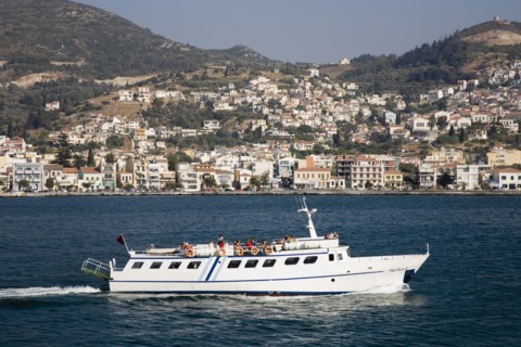 Samos, Northern Aegean, Greece. Vathy. Ferry between Samos and Kusadasi in Turkey as it leaves