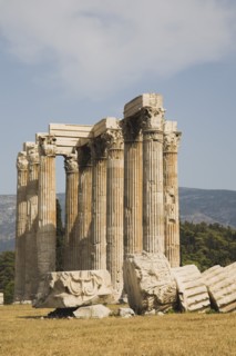 Athens, Attica, Greece. The Temple of Olympian Zeus corinthian columns capitals and architraves of