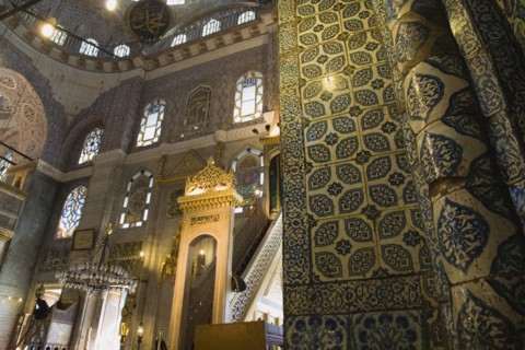Istanbul, Turkey. Sultanahmet. The New Mosque or Yeni Camii. Tiled and highly decorated interior.