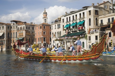 Venice, Veneto, Italy. Participants in the Regata Storico historical Regatta held each September