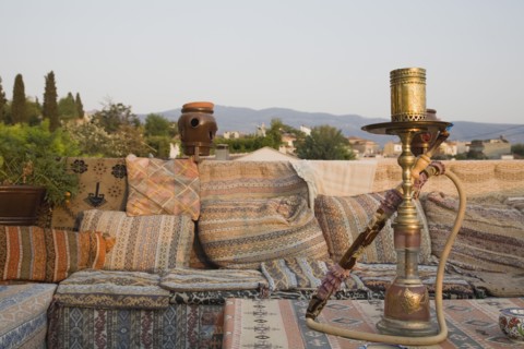 Selcuk, Izmir Province, Turkey. Ephesus. View from rooftop cafe with water pipe on table in