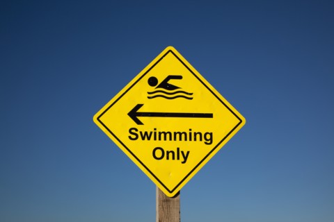Sign indicating stretch of beach suitable for safe swimming. Sign Signs Information Warn Warning