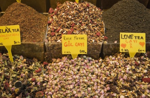 Istanbul, Turkey. Sultanahmet. Love Tea or Salep for sale on stall in the Spice Bazaar or Egyptian