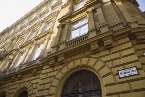 Budapest, Pest County, Hungary. Exterior facade of apartment buildings in Pest on the banks of the