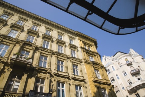 Budapest, Pest County, Hungary. Art Nouveau era apartment exterior facades. Hungary Hungarian