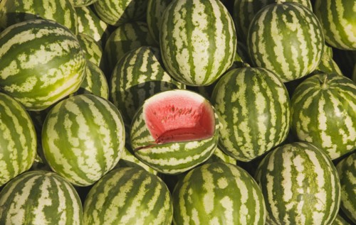 Kusadasi, Aydin Province, Turkey. Fresh watermelon on sale at town produce market with central