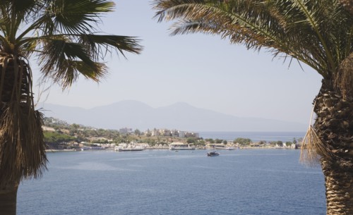 Kusadasi, Aydin Province, Turkey. Guvercin Ada or Pigeon Island the peninsula of Kusadasi. View