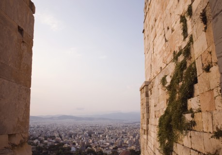 Athens, Attica, Greece. Acropolis Propylaea gate and view over city looking north. Greece Greek