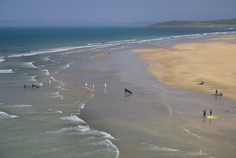 Bundoran, County Donegal, Ireland. Tullan Strand beach with surfers. Ireland Irish Eire Erin Europe