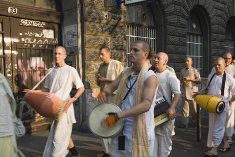 Budapest, Pest County, Hungary. Hare Krishna devotees singing and dancing on Andrassy UtIn Pest