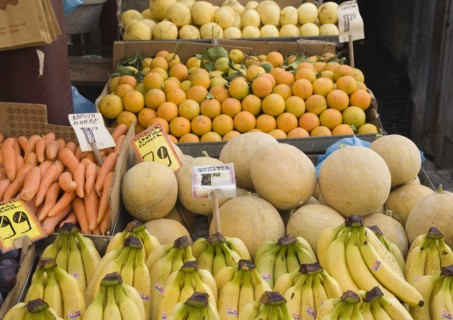 Athens, Attica, Greece. Central Market. Fruit and vegetable summer produce for sale on grocers
