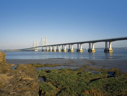 Wales, Suspension, Bridges. New M4 motorway bridge over the River Severn from Sudbrook in