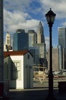 New York, New York State, USA. Lower Manhattan. View from Fulton Landing in Brooklyn post September