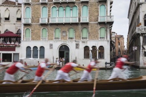 Venice, Veneto, Italy. Participants in the Regata Storico historical Regatta held annually in